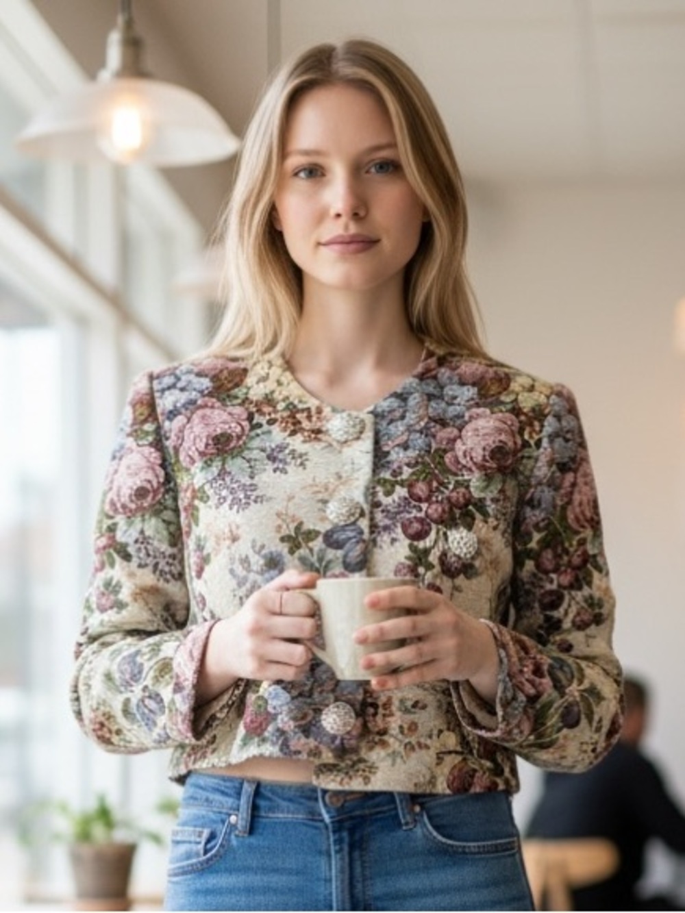 Ronny Kobo Olive and Burgundy Floral Jacquard Blouse